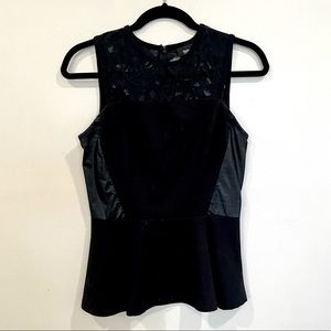 Peplum Sleeveless Top with Lace and Faux Leather Details